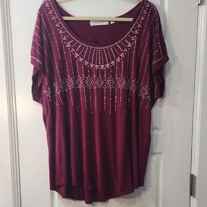 Tempted Hearts Maroon Studded Short Sleeve Top 3X